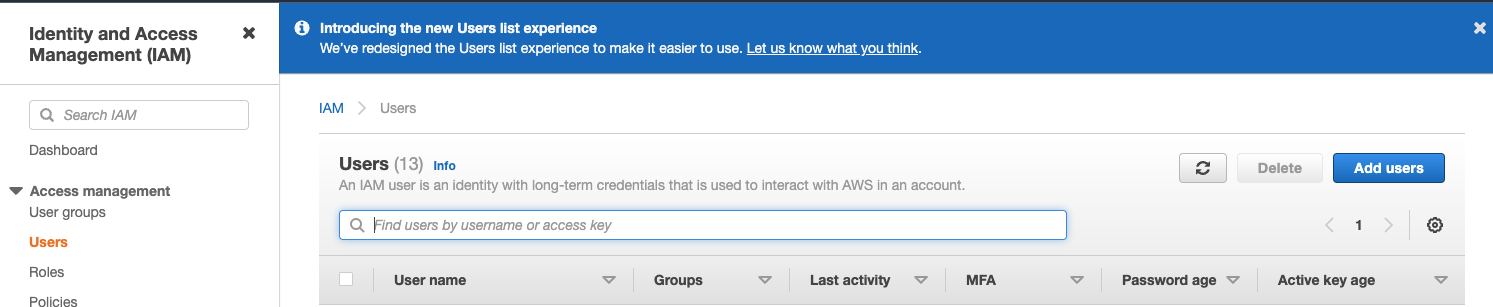 Консоль управления AWS IAM — создание нового пользователя