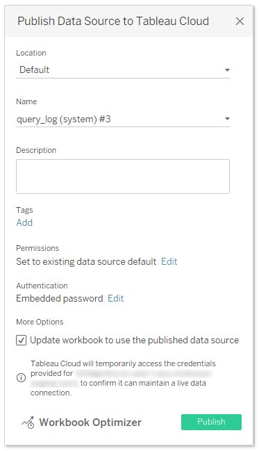 Диалог публикации Tableau Desktop с установленной опцией 'Update workbook to use the published data source'